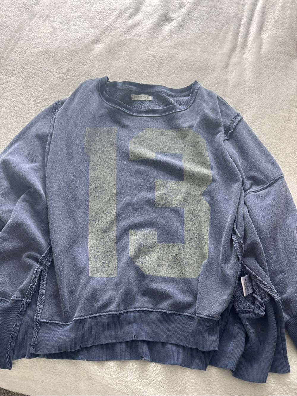 Washed Blue free people Crewneck Sweater with '13' Graphic